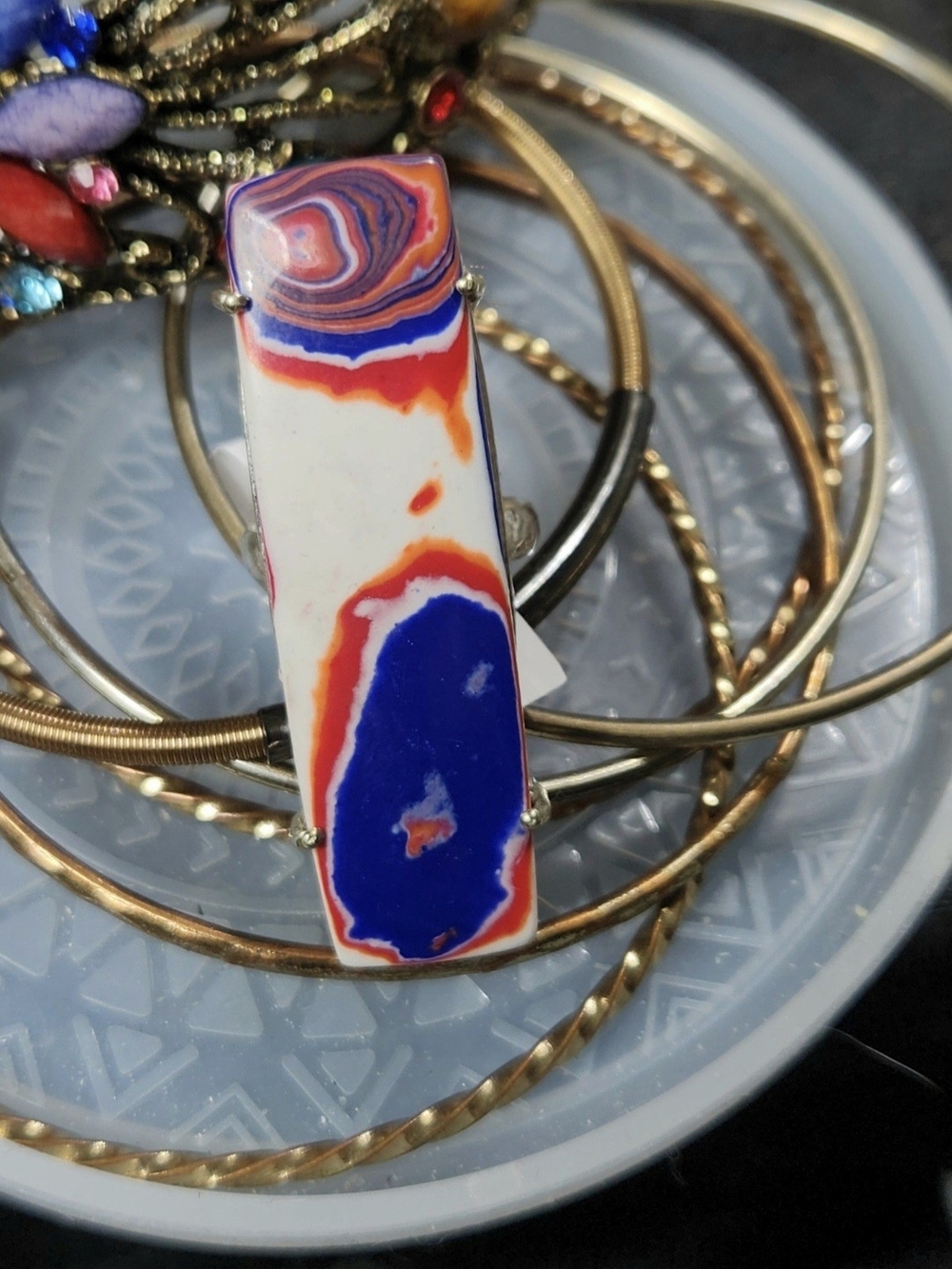 6 1/2,Awesome,Hand Crafted, Boho, Blue White Red Orange RBW Calsilica Swirl Ring